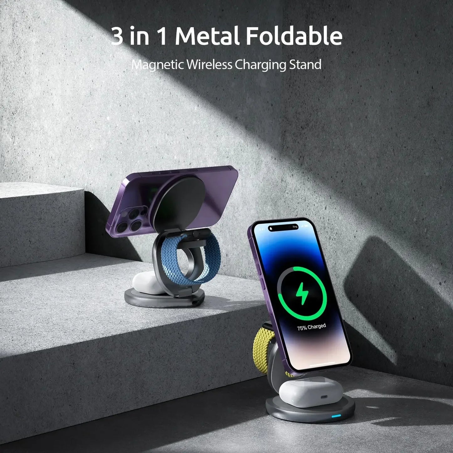 3 in 1 Magnetic 360 Rotate Metal Wireless Charger Stand Pad