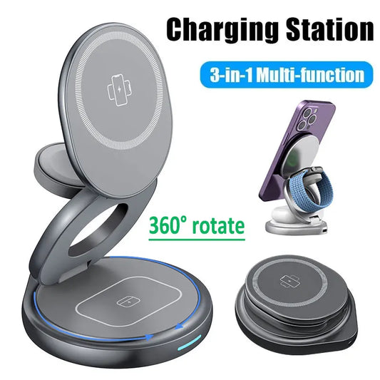 3 in 1 Magnetic 360 Rotate Metal Wireless Charger Stand Pad