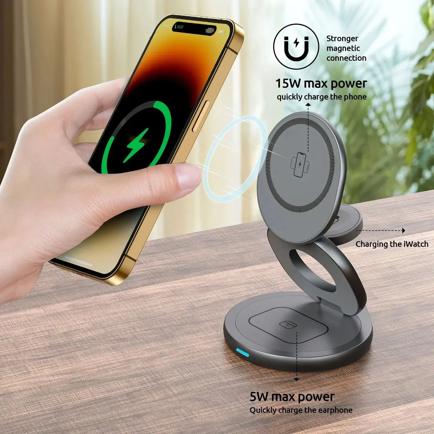 3 in 1 Magnetic 360 Rotate Metal Wireless Charger Stand Pad